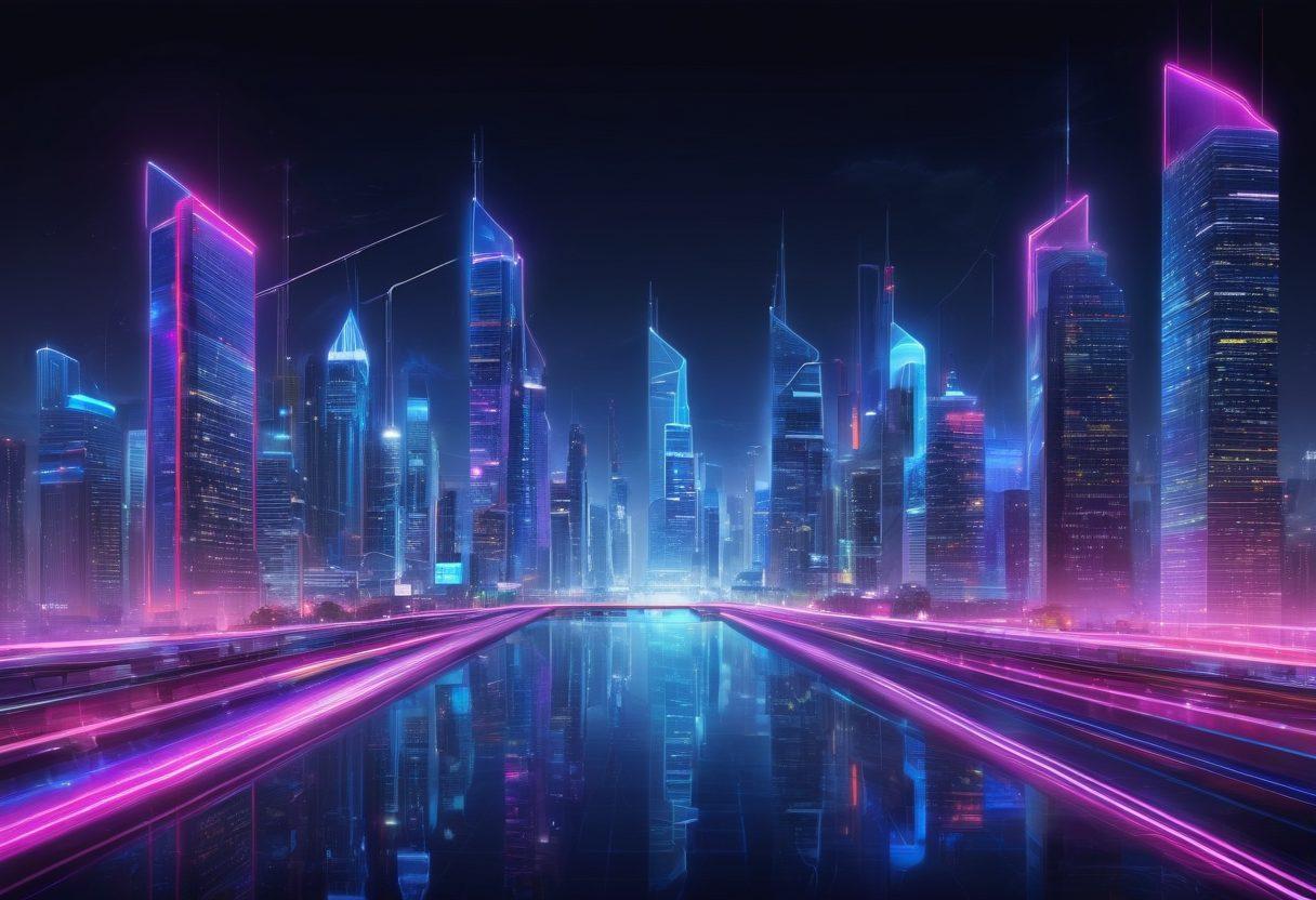 A modern cityscape at night with bright, neon lights representing digital connectivity; skyscrapers with icons of SEO, E-commerce, and online marketing floating above them; paths of light symbolizing the flow of digital information weaving between buildings. super-realistic. vibrant colors. futuristic style.
