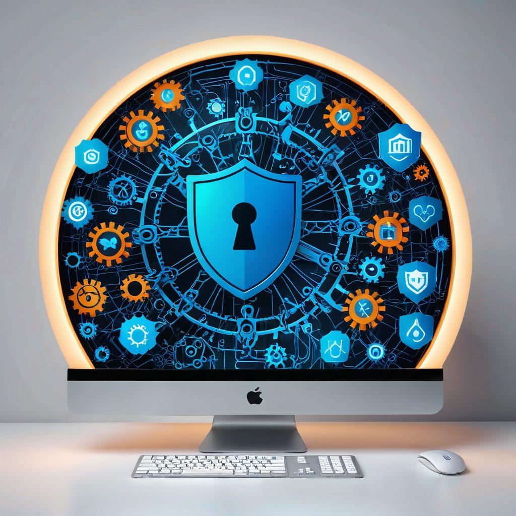 A sleek desktop computer showcasing a vibrant website on-screen, surrounded by various digital security icons like locks, shields, and keys. In the background, gears represent maintenance, while a glowing network grid symbolizes online presence. Use modern, clean, and professional aesthetics with a focus on technology. super-realistic. vibrant colors. high-tech. white background.