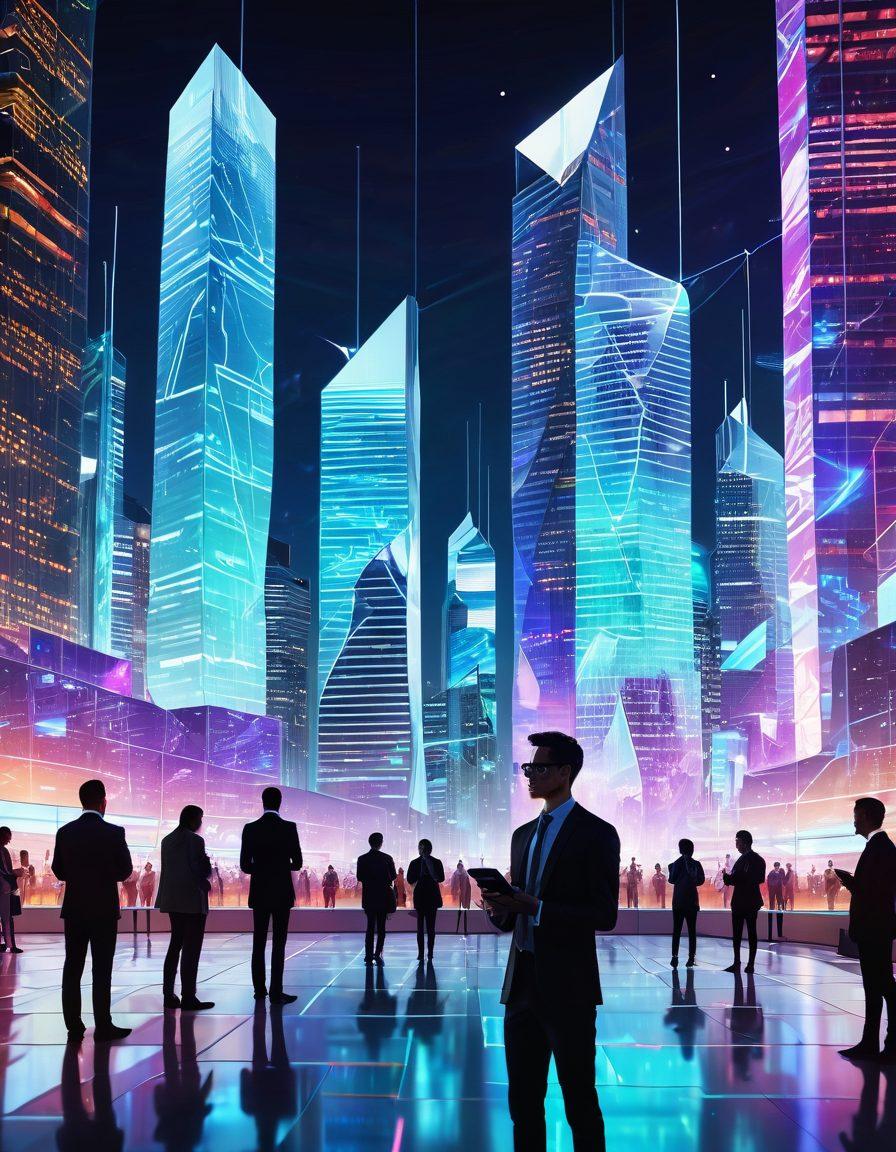 A futuristic cityscape with towering skyscrapers and interconnected digital networks symbolizing cutting-edge web services. People are engaging in various digital activities like e-commerce, social media, and cloud computing on glowing holographic screens. A central figure stands confidently holding a tablet, representing a thriving online presence. Vibrant colors. 3D.